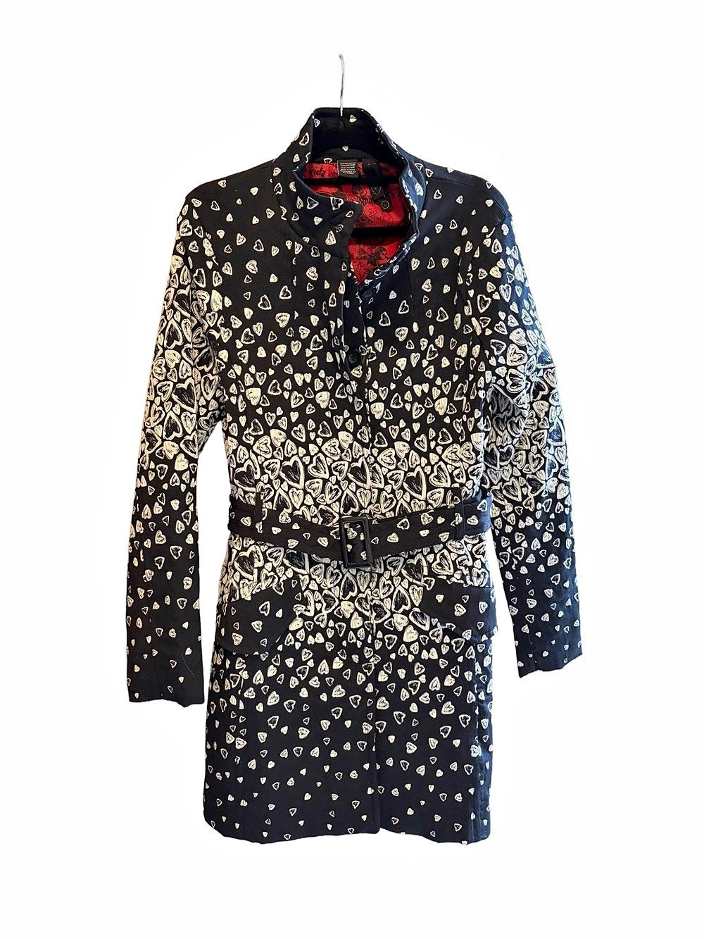 Desigual Heart Print Trench Coat Black & White with Red Lining Size 42 L